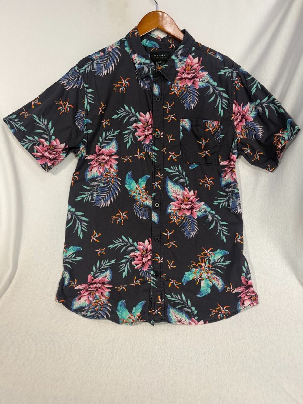 PacSun Hawaiian Shirt Mens Large L Black Floral Tropical Cotton Button Up Casual